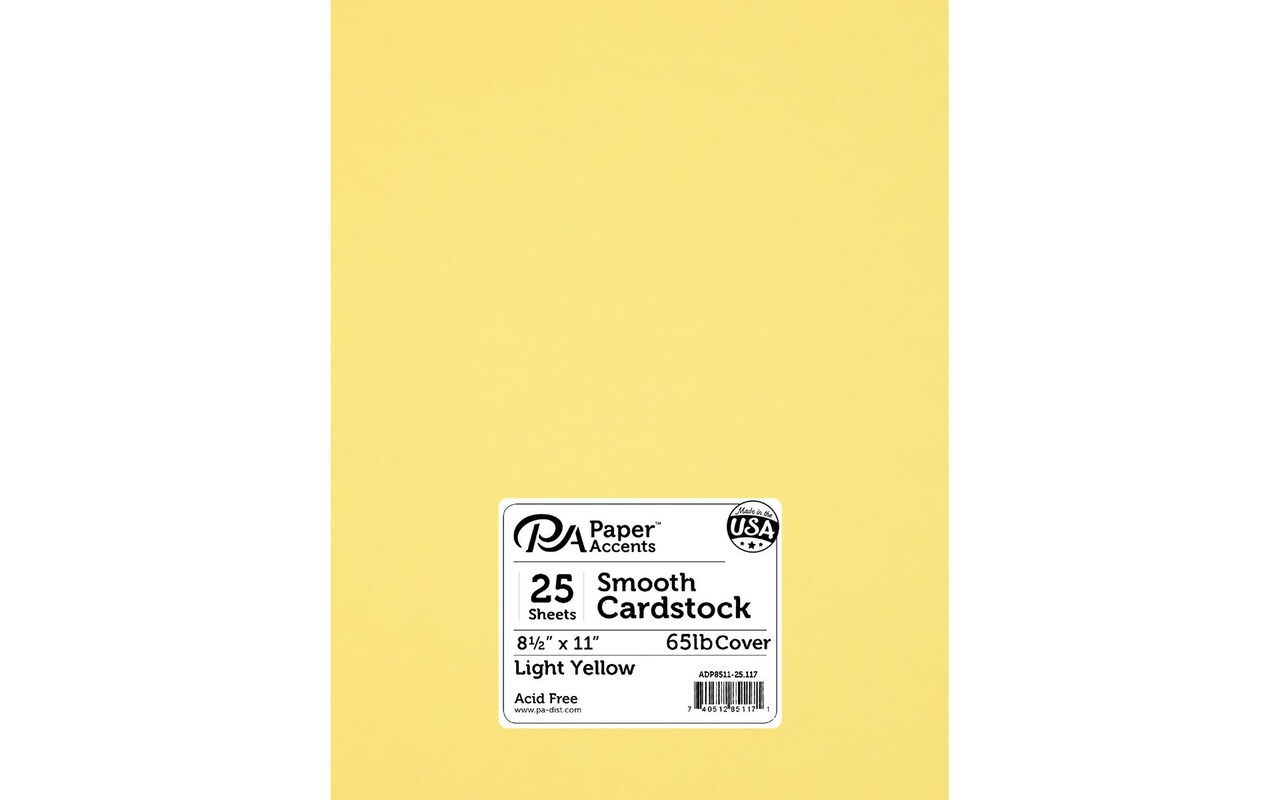 PA Paper Accents Smooth Cardstock 8.5" x 11" Light Yellow, 65lb colored cardstock paper for card making, scrapbooking, printing, quilling and crafts, 25 piece pack